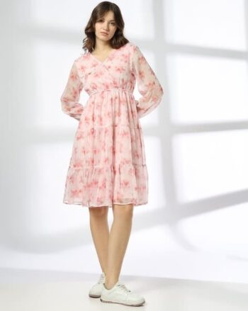 Women Floral Print V-Neck Tiered Dress