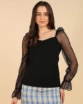 Women Polka-Dot Print Fitted Sweetheart-Neck Top