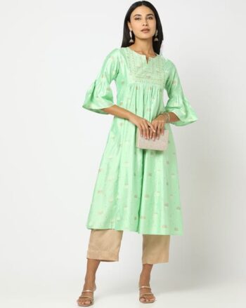 Floral Motif A-Line Kurta with Embroidered Yoke