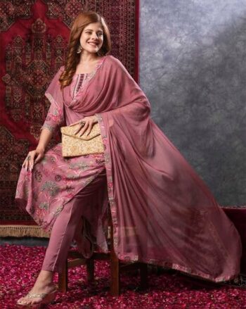 Women Embroidered Straight Kurta with Palazzo & Dupatta