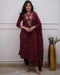 Women Embroidered Straight Kurta Pants Set with Dupatta