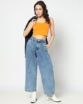 Women Mid-Wash High-Rise Wide-Leg Jeans
