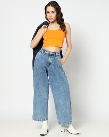 Women Mid-Wash High-Rise Wide-Leg Jeans