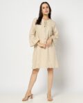Women Schiffli Embroidered A-Line Dress with Neck Tie-Up