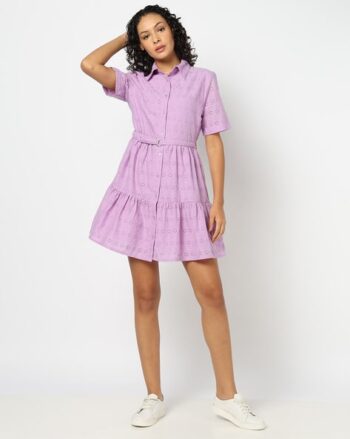 Women Schiffli Embroidered Shirt Dress