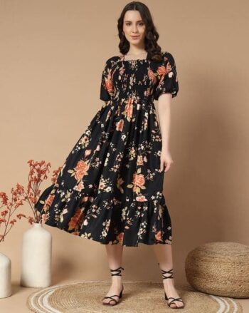 Women Floral Print Smocked Fit & Flare Dress