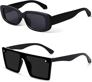 BLACK Rectangle Polarized Sunglasses For Women Men Trendy Retro Fashion Sunglasses UV 400 Protection Square Shades (BLACK), Medium
