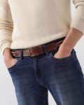 Men Striped Genuine Leather Belt