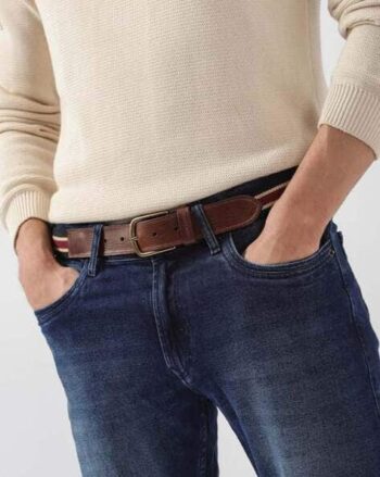 Men Striped Genuine Leather Belt