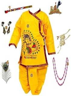 2VRN Krishna Costume for Kids, Baby Krishna Dress for Janmashtami, Bal Krishna Dhoti Set, Krishnaleela Costume, Infant Bal Gopal, Krishna Fancy Dress Costume for Boys Girls