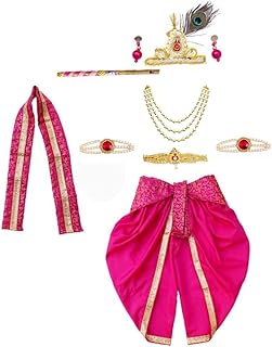 Krishna Dress for Baby Boy Kids Set of 10(Dhoti,Patka,Hip Cover,Mukut,Morpankh,Bansuri,Kamarband,Bajuband,Kundal) Little Krishna Ji Kanha Janmasthmi Costume for Kids