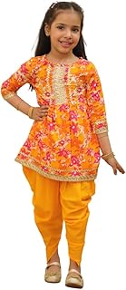 Baby Girl Flower Printed Suit Dhoti Set – Cotton Kurti with Matching Dhotis & Dupatta | Ethnic Indian Traditional Outfit-Yellow
