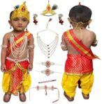 Fancyclub Baby Boy Krishna Dress, Kanha Costume for Janmashtami Festival (Dhoti,Hip Cover,Patka,Mukut,Morpankh,Bansuri,Kamarband,Bajuband,Kundal)