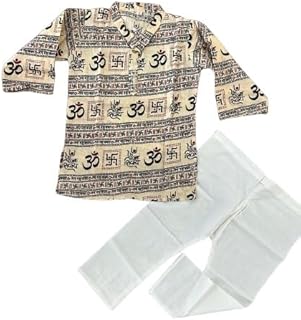 Baby Boys Traditional Ethnic Wear Handloom Cotton Printed Pattern Kurta With White Pyjama Set- Perfect for Festivals and Special Occasions 0AA