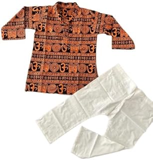 Baby Boys Traditional Ethnic Wear Handloom Cotton Printed Pattern Kurta With White Pyjama Set- Perfect for Festivals and Special Occasions 0AA