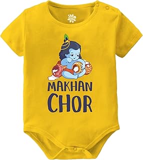 Baby Buzz Newborn Clothes Dress Romper for Baby Boy with “Makhanchor” Printed in English for Krishna Janmashtami