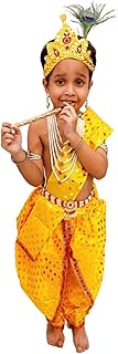 BookMyCostume Krishna Yellow Polka Dot Costume Dhoti Patka with Heavy Pearl Jewellery and Mukut Set - Janmashtami Dress Costume for Baby Kanha - Boys & Girls 2-3 Years