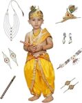 Kaku Fancy Dresses Silk,Polyester Krishna Costume For Kids Infant Baby Krishna Dress For Boys (Yellow Dhoti, Patka(Stole), Belt, Mukut, 5 Layer Pearl Mala, Bajuband, Earrings, Bansuri & Morpankh)