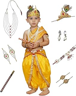 Kaku Fancy Dresses Silk,Polyester Krishna Costume For Kids Infant Baby Krishna Dress For Boys (Yellow Dhoti, Patka(Stole), Belt, Mukut, 5 Layer Pearl Mala, Bajuband, Earrings, Bansuri & Morpankh)