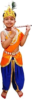 BookMyCostume Krishna Costume with Heavy Jewellery and Mukut Set - Janmashtami Premium Dress for Baby Kanha Boys & Girls - Blue & Orange 1-2 Years
