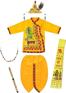 Zest 4 Toyz Krishna Costume for Kids Baby Krishna Dress for Janmashtami Bal Krishna Costume Set - Kurta Dhoti Patka Kundal Morpankh Mukut Mala Bansuri - Yellow (Age 0 Months to 3 Years)