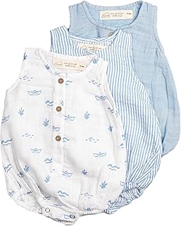 Masilo 100% Organic Cotton Baby Romper Multipack/Set of 3 Infant Wear/Soft and Comfortable Newborn Clothing/Print, solid and striped front buttoned bodysuit/Onesies for 0-6 months - Boats
