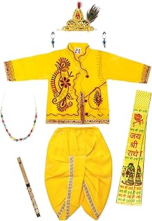 Zest 4 Toyz Krishna Costume for Kids Baby Krishna Dress for Janmashtami Bal Krishna Costume Set - Kurta Dhoti Patka Kundal Morpankh Mukut Mala Bansuri - Yellow (Age 6 to 12 Months)