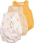 Masilo 100% Organic Cotton Baby Romper Multipack/Set of 3 Infant Wear/Soft and Comfortable Newborn Clothing/Print, solid and striped front buttoned bodysuit/Onesies for 0-6 months- Pineapple