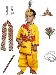 Kaku Fancy Dresses Cotton Krishna Costume For Kids | Baby Krishna Dress For Janmashtami/Kanha/Krishnaleela/Infant Krishna Fancy Dress Costume For Baby Boys/Girls - Yellow (6-12 Months)