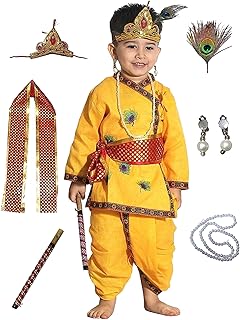 Kaku Fancy Dresses Cotton Krishna Costume For Kids|Kids Krishna Dress For Janmashtami/Kanha/Krishnaleela/Mythological Character Krishna Fancy Dress Costume For Boys/Girls - Yellow (1-1.5 Years)