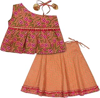 Baby Girl's Cotton Jaipuri Print One Side Off Shoulder Top/Kurti And Printed Lehnga/Skirt With Dori Closure Dress Clothing Set