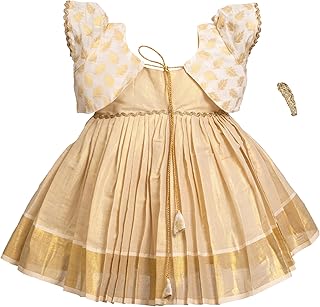 Baby Girl Tissue Frock/Traditional Dress/Ethnicwear with Jacket and Hair Clip (Aliya)