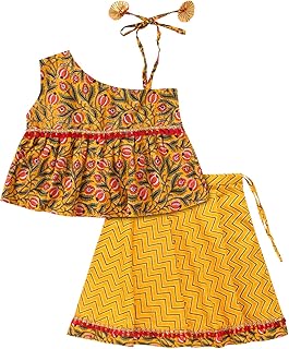 Baby Girl's Cotton Jaipuri Print One Side Off Shoulder Top/Kurti And Printed Lehnga/Skirt With Dori Closure Dress Clothing Set