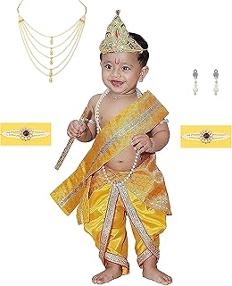 Raj Fancy Dresses Shri Krishna Dress for Baby Boy & Girl, Janmashtmi Dress with Diaper-friendly Dhoti & Dupatta, Mor Pankh Mukut