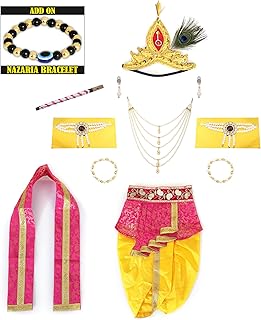 Raj Fancy Dresses Krishna Dress for Kids, Baby Krishna Dress for Janmashtami with Krishna Mukut, Peacock Feather & Flute Embroidered Krishna Costume for Girl & Boy, 3 Months-8 Years