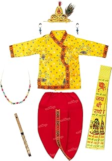 Zest 4 Toyz Krishna Costume for Kids Baby Krishna Dress for Janmashtami Bal Krishna Costume Set - Kurta Dhoti Patka Mukut Morpankh Mala Bansuri Kundal - Yellow (Age 0 Months to 4 Years)