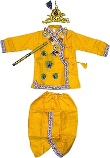The Holy Mart Embroidery Yellow Cotton Krishna Dress for Baby Boy 0 to 6 Months with Jewellery & Flute, Krishna Costume for Baby Girl, Janmashtami Dress for Baby Boy