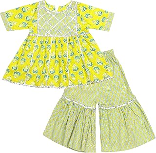 Baby Girl's Cotton Sanganeri/Floral Printed Frock Style Kurti With Printed Sharara Dress Clothing Set