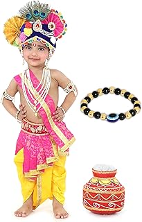 Raj Fancy Dresses Krishna Dress for Kids, Baby Krishna Dress for Janmashtami with Krishna Mukut, Peacock Feather & Flute Embroidered Krishna Costume for Girl & Boy, 3 Months-8 Years