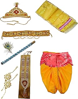 Pakhi Feather Little Krishna Dhoti Dupatta Set - Yellow Set with Fan (9 - 12 Months)